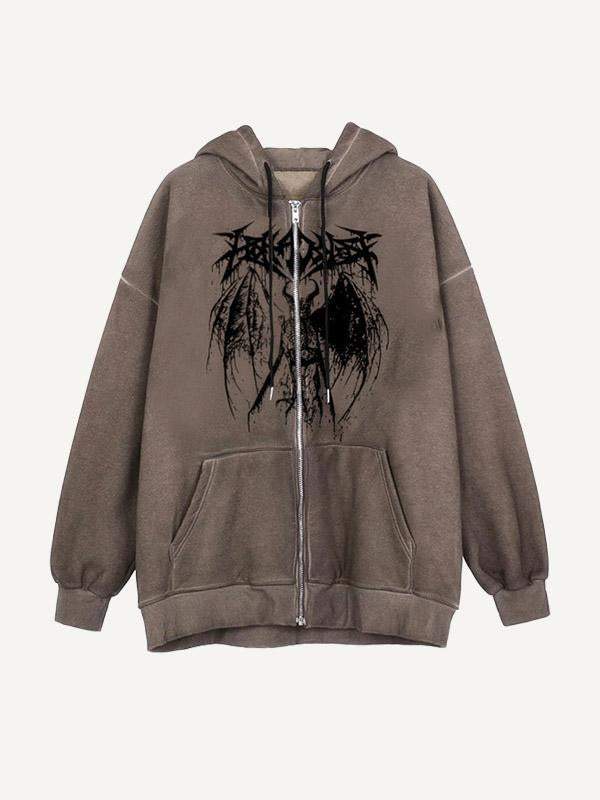 Graphic Print Drawstring Zip Up Hooded Coat