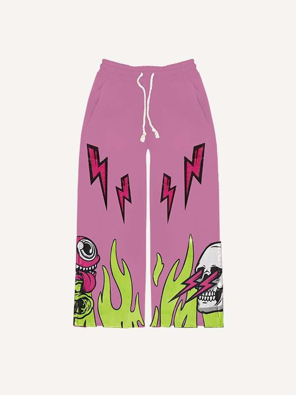 Pantalones con cintura elástica y estampado de ojos, calaveras, estrellas, lenguas y fuego 